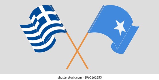 Crossed and waving flags of Greece and Somalia