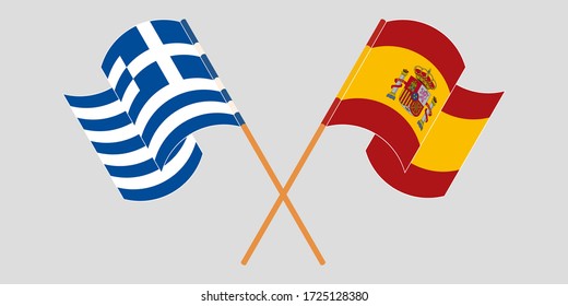 Banderas cruzadas y ondeando banderas de Grecia y España