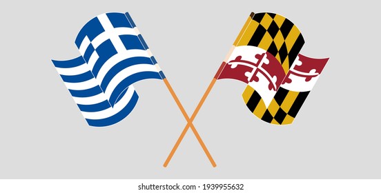 Crossed and waving flags of Greece and the State of Maryland
