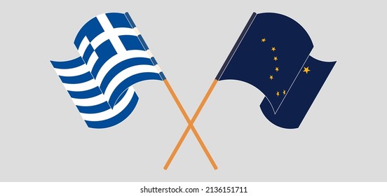 Crossed and waving flags of Greece and the State of Alaska. Vector illustration
