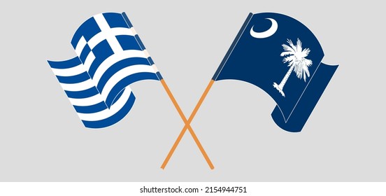 Crossed and waving flags of Greece and The State of South Carolina. Vector illustration
