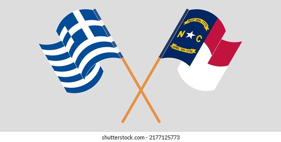 Crossed and waving flags of Greece and The State of North Carolina. Vector illustration
