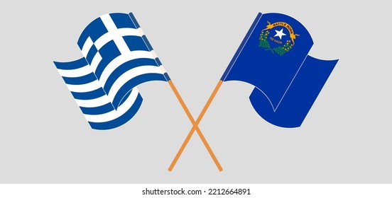 Crossed and waving flags of Greece and The State of Nevada. Vector illustration
