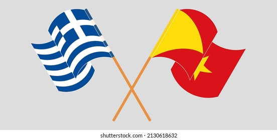Crossed and waving flags of Greece and Tigray. Vector illustration