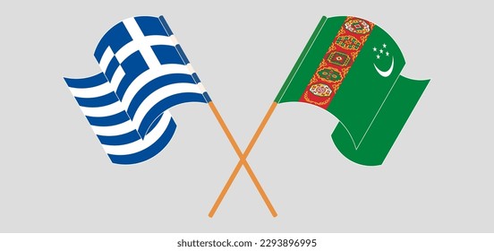 Crossed and waving flags of Greece and Turkmenistan. Vector illustration
