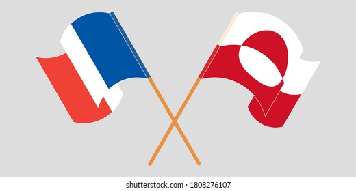 Crossed and waving flags of Greenland and France