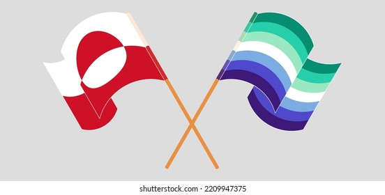 Crossed and waving flags of Greenland and gay men pride. Vector illustration
