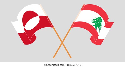 Crossed and waving flags of Greenland and Lebanon. Vector illustration
