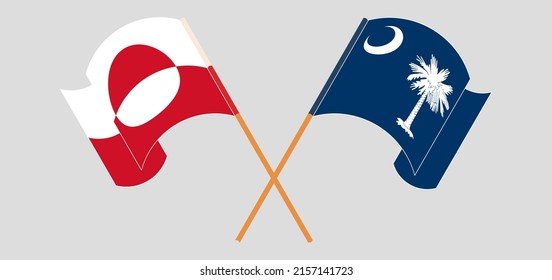 Crossed and waving flags of Greenland and The State of South Carolina. Vector illustration
