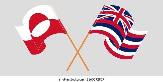 Crossed and waving flags of Greenland and The State Of Hawaii. Vector illustration
