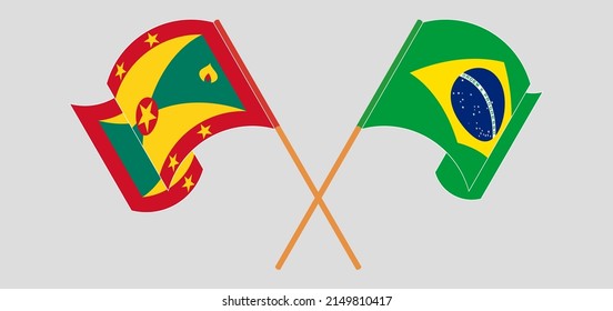 Crossed and waving flags of Grenada and Brazil. Vector illustration
