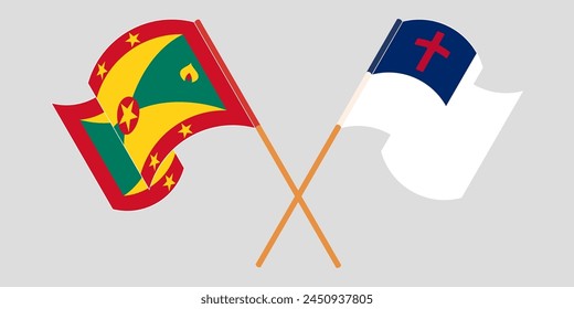 Crossed and waving flags of Grenada and christianity. Vector illustration
