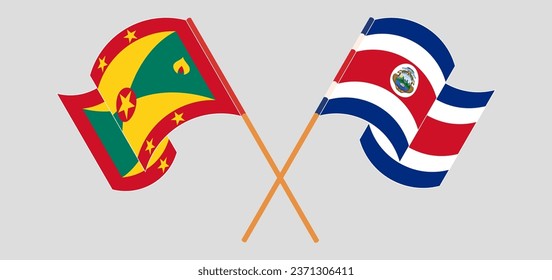 Überquerte und schwellende Flaggen von Grenada und Costa Rica. Vektorgrafik
