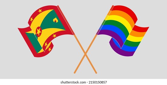 Crossed and waving flags of Grenada and LGBTQ. Vector illustration
