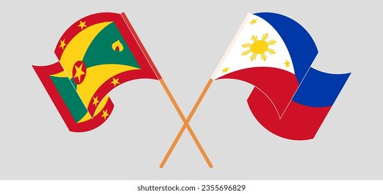 Crossed and waving flags of Grenada and the Philippines. Vector illustration
