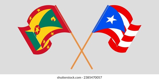 Gekreuzte und wehende Flaggen von Grenada und Puerto Rico. Vektorgrafik
