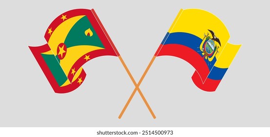 Crossed and waving flags of Grenada and Republic of Ecuador. Vector illustration.
