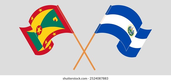 Crossed and waving flags of Grenada and Republic of El Salvador. Vector illustration.
