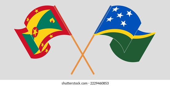 Crossed and waving flags of Grenada and Solomon Islands. Vector illustration
