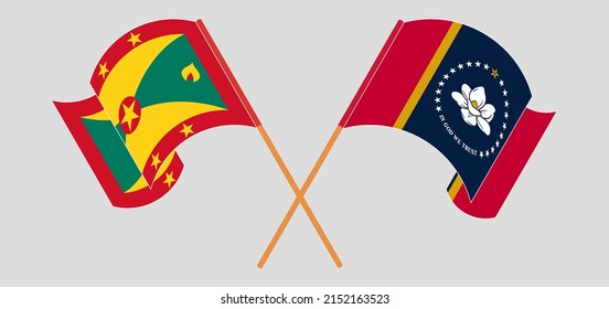 Crossed and waving flags of Grenada and The State of Mississippi. Vector illustration
