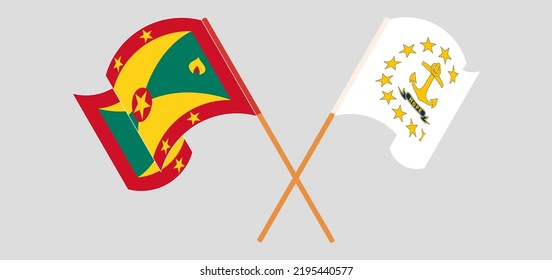 Crossed and waving flags of Grenada and the State of Rhode Island. Vector illustration
