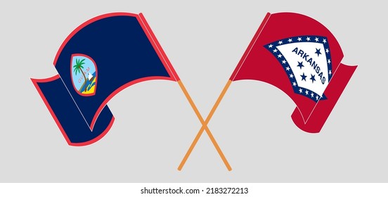 Crossed and waving flags of Guam and The State of Arkansas. Vector illustration
