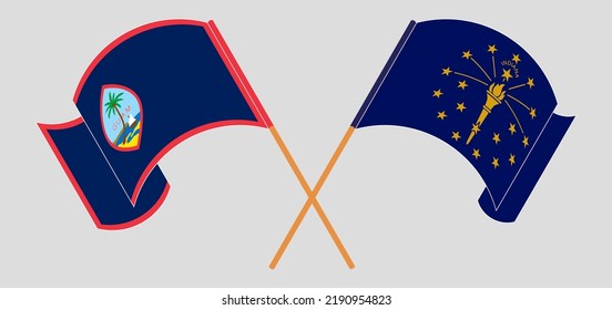 Crossed and waving flags of Guam and the State of Indiana. Vector illustration
