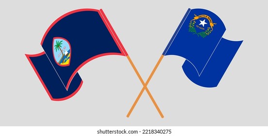 Crossed and waving flags of Guam and The State of Nevada. Vector illustration
