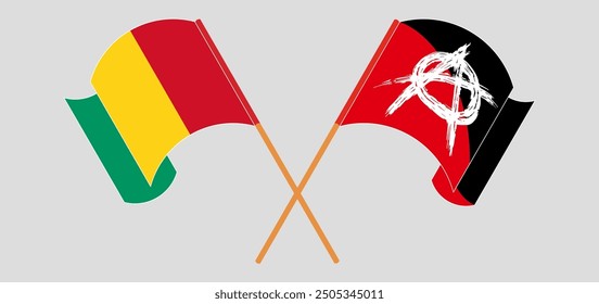 Crossed and waving flags of Guinea and Anarchy. Vector illustration
