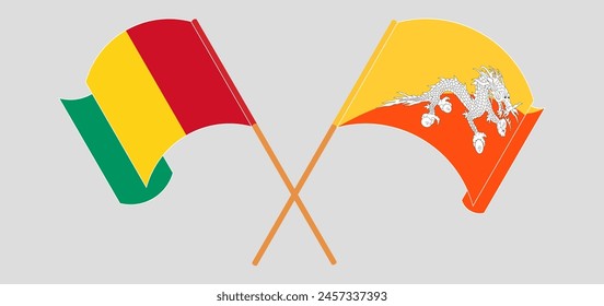Crossed and waving flags of Guinea and Bhutan. Vector illustration

