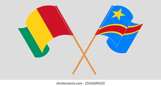 Banderas cruzadas y ondeando de Guinea y la República Democrática del Congo. Ilustración vectorial.
