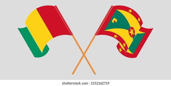 Crossed and waving flags of Guinea and Grenada. Vector illustration
