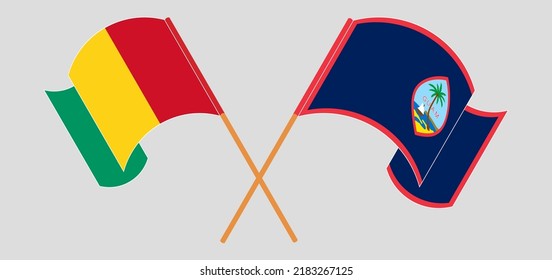 Crossed and waving flags of Guinea and Guam. Vector illustration
