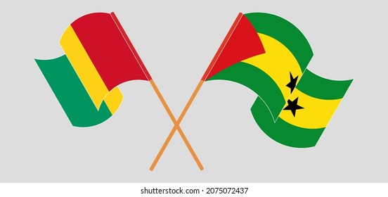 Crossed and waving flags of Guinea and Sao Tome and Principe. Vector illustration
