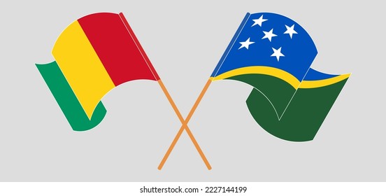 Crossed and waving flags of Guinea and Solomon Islands. Vector illustration