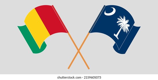 Crossed and waving flags of Guinea and The State of South Carolina. Vector illustration
