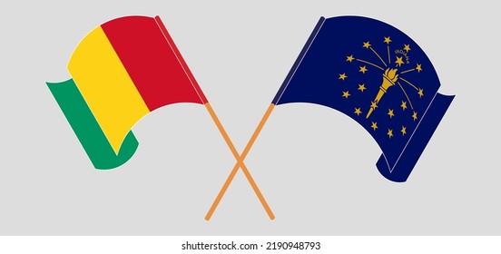 Gekreuzte und wehende Flaggen von Guinea und dem Staat Indiana. Vektorgrafik
