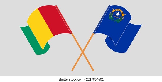 Crossed and waving flags of Guinea and The State of Nevada. Vector illustration

