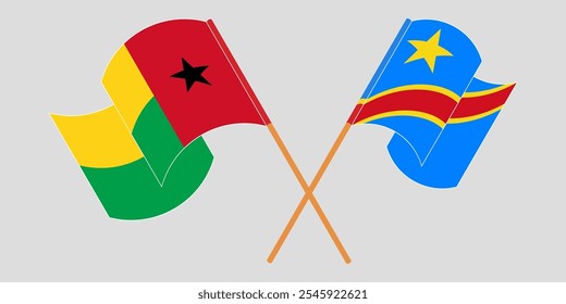 Banderas cruzadas y ondeando de Guinea-Bissau y la República Democrática del Congo. Ilustración vectorial.
