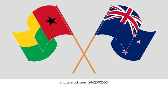 Crossed and waving flags of Guinea-Bissau and New Zealand. Vector illustration
