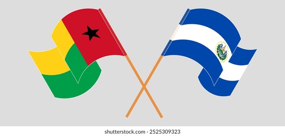 Crossed and waving flags of Guinea-Bissau and Republic of El Salvador. Vector illustration.
