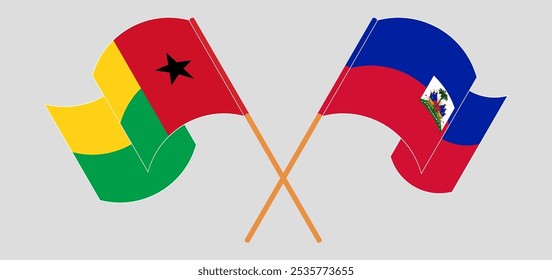 Bandeiras cruzadas e acenando da Guiné-Bissau e da República do Haiti. Ilustração vetorial.