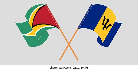 Crossed and waving flags of Guyana and Barbados. Vector illustration
