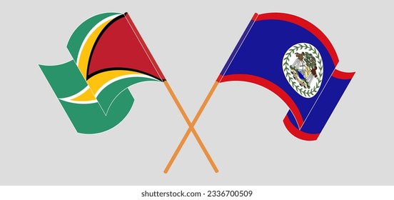 Gekreuzte und wehende Flaggen von Guyana und Belize. Vektorgrafik
