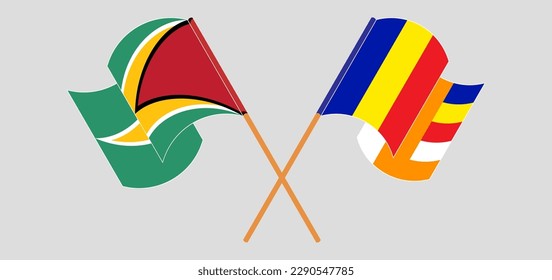 Crossed and waving flags of Guyana and Buddhism. Vector illustration
