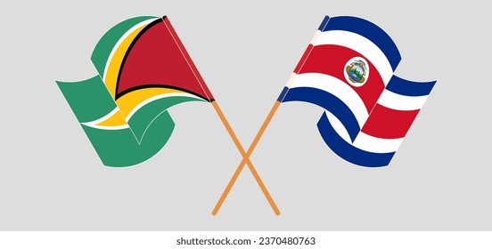 Crossed and waving flags of Guyana and Costa Rica. Vector illustration
