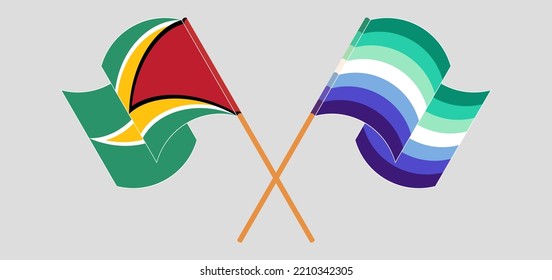 Crossed and waving flags of Guyana and gay men pride. Vector illustration
