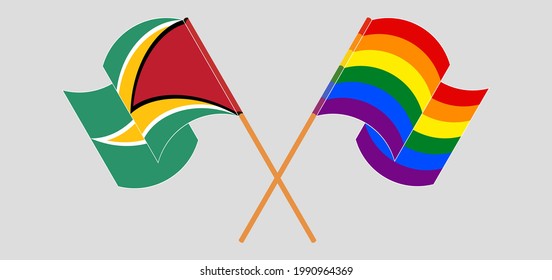 Crossed and waving flags of Guyana and LGBTQ