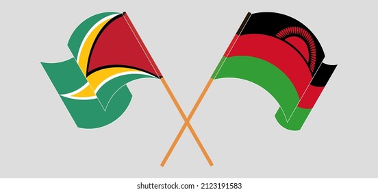 Crossed and waving flags of Guyana and Malawi. Vector illustration
