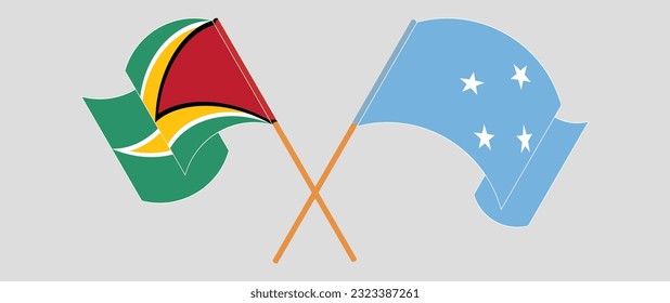 Crossed and waving flags of Guyana and Micronesia. Vector illustration
